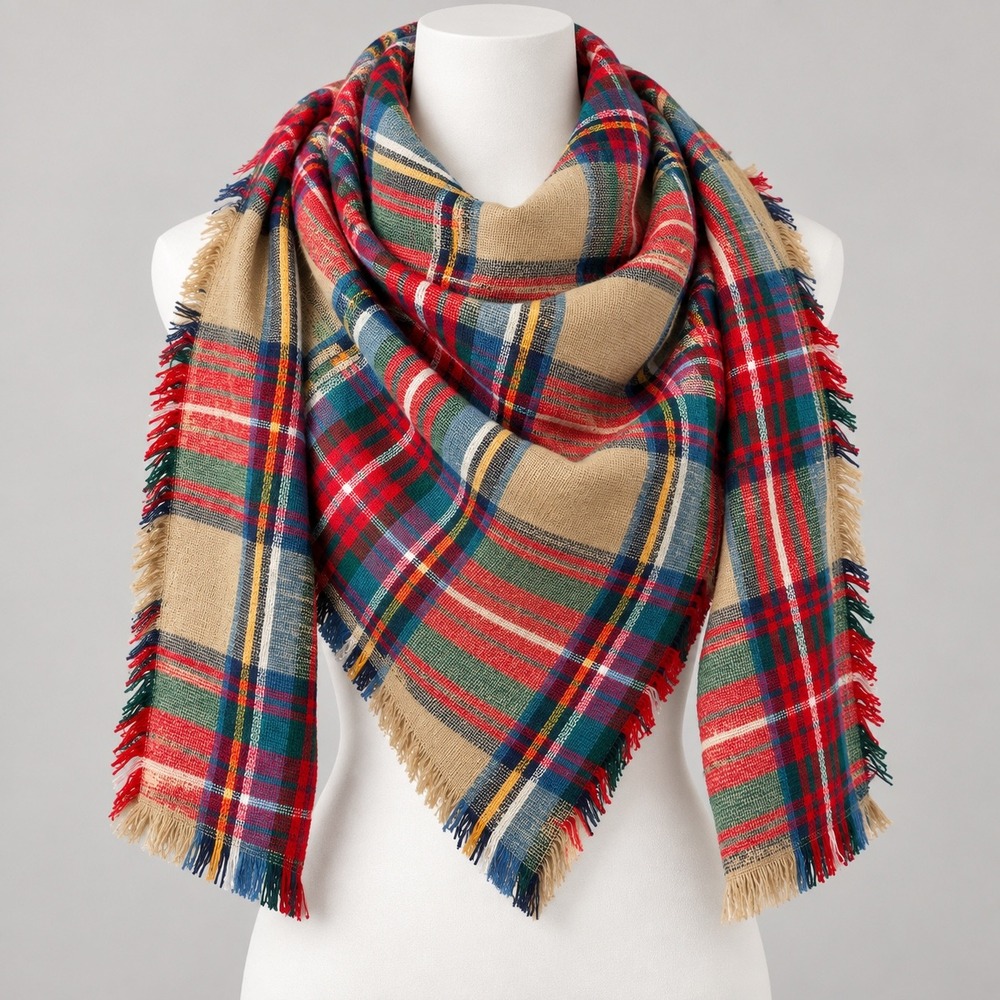 Oversized Plaid Blanket Scarf Tan Red Green Heritage Preppy Fringed Wrap 78x29